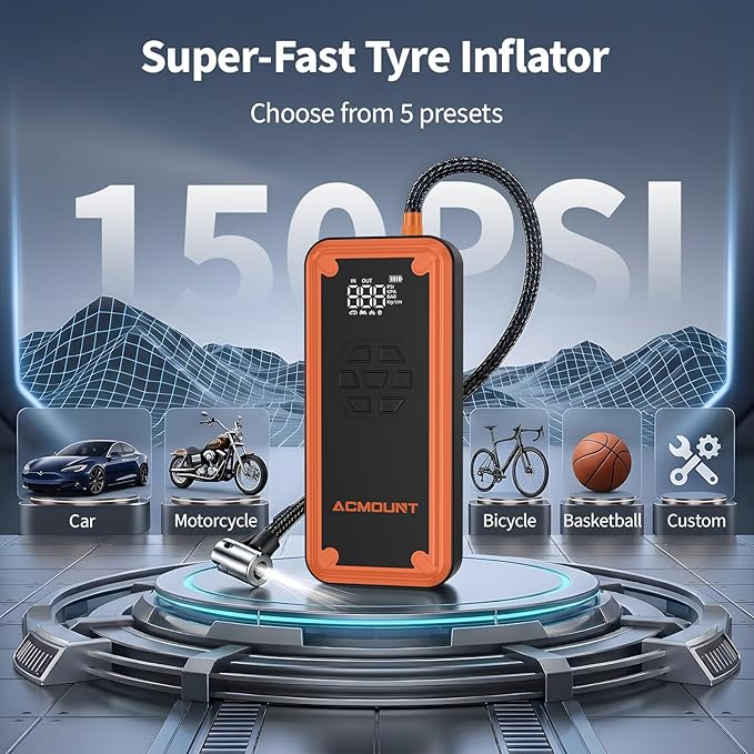 Jump Starter with Air Compressor, Acmount 5000A Car Battery Jump Starter with 150PSI Tire Inflator for Up to 9.0 Gas/8.0L Diesel, 12V Portable Jump Starter Box with LCD Display, Light (Orange&Black)