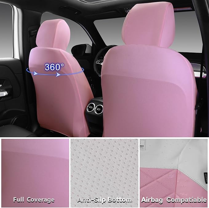 CAR PASS Nappa Leather Seat Covers for Car, Waterproof Seat Covers Full Set, Luxury 3D Rhombus Lined Sponge Airbag Compatible Universal Fit for Automotive SUV Truck Pickup Sedan, Pink White