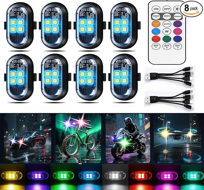 Upgraded 4-lamp high-Brightness 8-Group Wireless LED Warning Strobe Lights |8 Colors, Waterproof Lights with Remote Control| Wireless led Strobe Lights for Cars, Motorcycles, Bicycles and Drones (8)