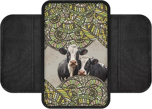 Boho Mandala Cow Print Car Center Console Cover Breathable Auto Armrest Storage Box Mat Wear-Resistan Vehicle Armrest Pad Car Accessories Interior Protection