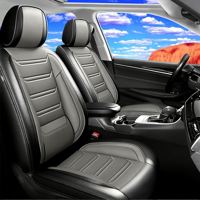Fit Tahoe Car Seat Covers for Select Chevrolet/Chevy Tahoe 2000-2025 2026 - Full Coverage Leather, Waterproof & All Weather Seat Cushion Protector, Front Pair Black+Gray