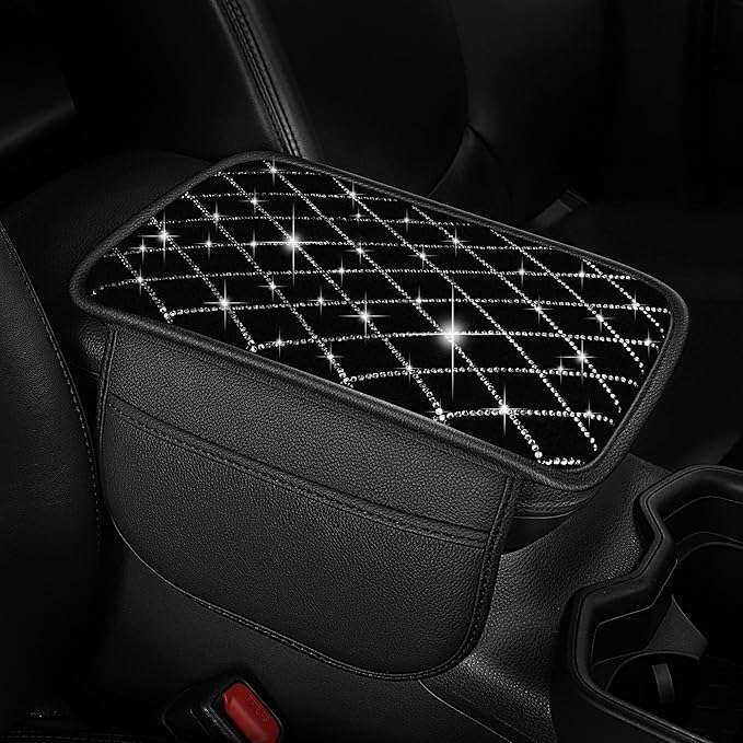 Bling Armrest Cover for Car Compatible with Jeep Grand Cherokee - Center Console Cover with 2 Storage Pockets and Crystal Diamond(Black)