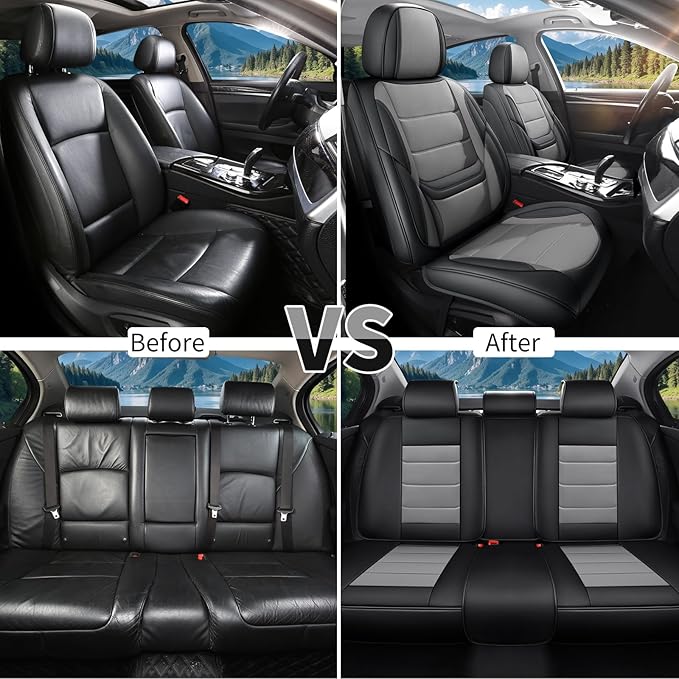 Car Seat Covers Full Set Custom Fit for Ford Focus 2000-2018 - Premium Faux Leather with Lumbar Support, Breathable, Anti-Slip & Full Wrapping Edge (Black&Gray,Full Set)