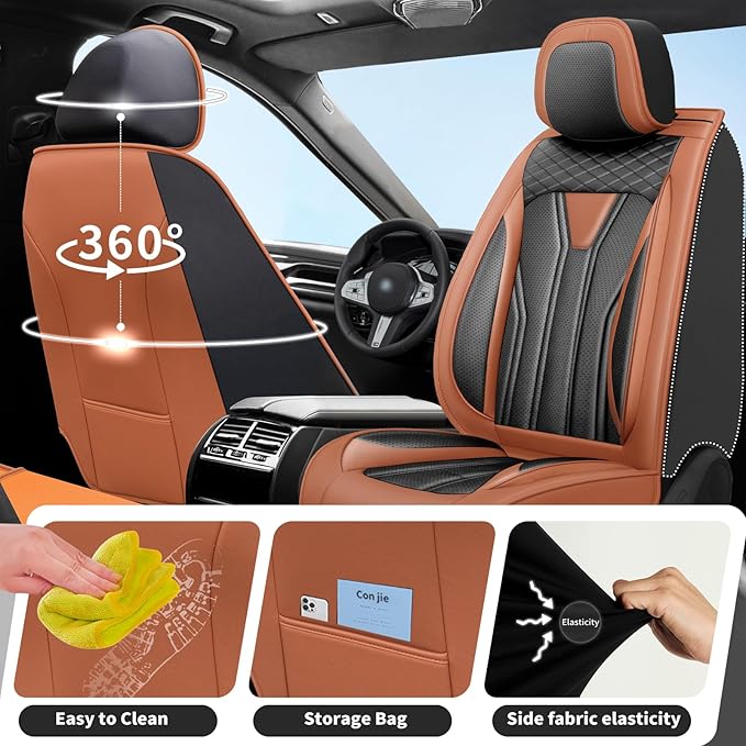 Fit Juke Car Seat Covers Compatible with Nissan Juke 2012-2015 2016 - Premium Leather， Waterproof Breathable， All-Weather Seat Cushion Protecto&Airbag Compatible (2 Front Seat Brown&Black)