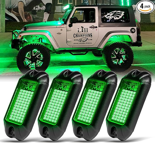 Nicoko 4Pods Pure Green LED Rock Lights 72w high Power Rock Lights Neon Underglow Light for Car Trucks ATV UTV SUV Boat Underbody Glow Trail Rig Light IP68 Waterproof