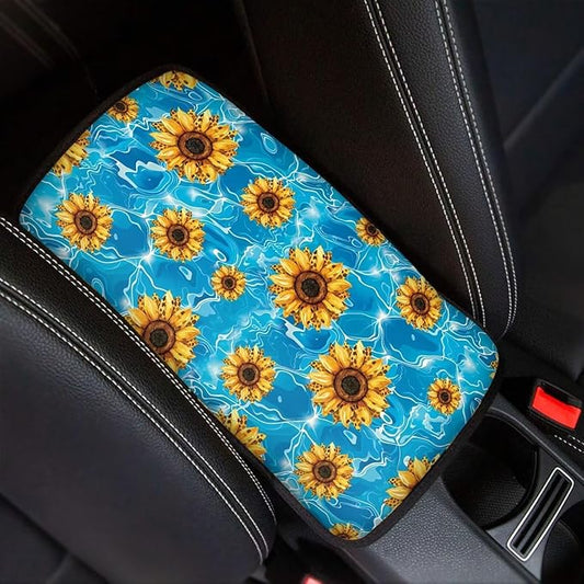 Blue Sunflower Thin Car Armrest Pads Auto Armrest Box Cover Comfortable Middle Storage Organizer Pad Universal Style Car Accessories Decor