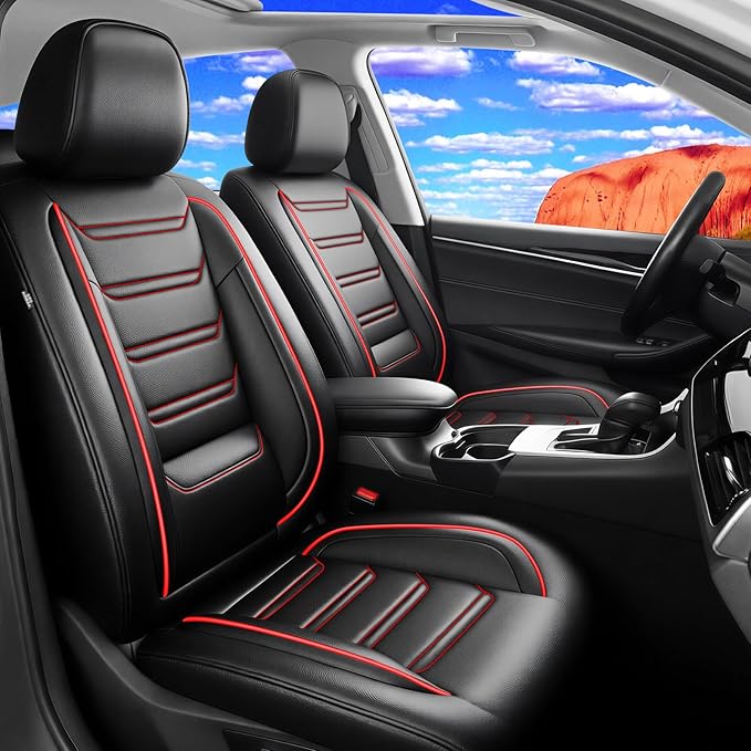 Fit Malibu Car Seat Covers (Front Pair) for Select Chevrolet/Chevy Malibu 2009-2025 - Full Coverage Leather, Airbag Compatible, Waterproof & All Weather Seat Cushion Protector, Red Trim