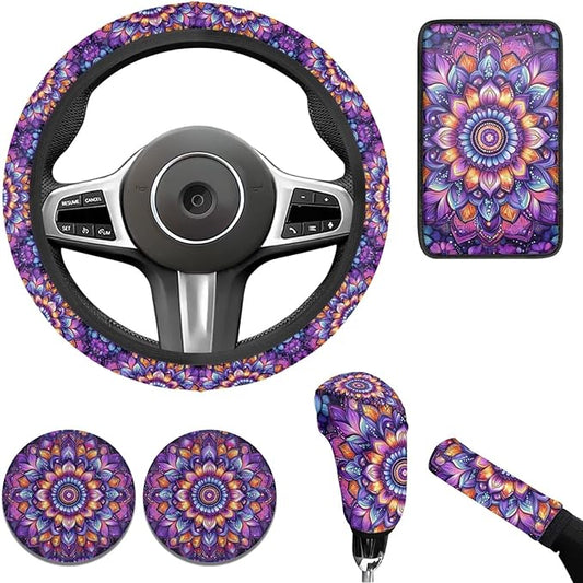Bohemian Style Car Accessories for Men Women Flower Print Car Steering Wheel Cover Set 6 Pcs Cup Coaster Handbrake Gear Cover Suit for Most Cars Truck Vans SUV