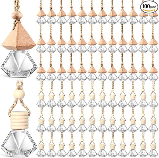 BBTO 100 Pcs Car Air Fresheners Diffuser with Wooden Cap Empty Aromatherapy Diffuser Clear Car Fragrance Holder Pendant Hanging Perfume Fresheners Bottles for Decor(Diamond,Clear)
