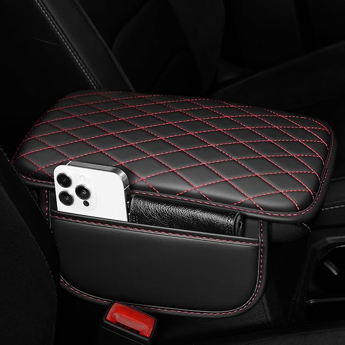 Center Console Cover for Cars Fit for Jeep Cherokee Compass Gladiator Liberty Patriot Renegade Wrangler Leather Armrest Covers with 2 Storage Bags(Black&Red)