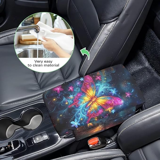 Dreaweet Car Center Console Cover with Pockets Galaxy Butterfly Car Accessories Thick Arm Rest Cover for SUV Truck Sedan Non Slip Comfortable Armrest Cushion Cover Pad