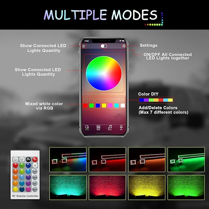 52" Curved RGB LED Light Bar 2X 4 Flood LED Pods with Chasing RGB Halo 16 Solid Colors Offroad Driving Fog Lights with Switch Wiring Harness