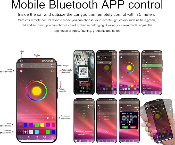 8 Meters Optic Fiber Car Ambient Lighting with Bluetooth App Control 64 Colors Multicoloured Music Interior Lighting Kit DC 12V 1W