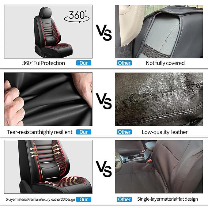 Fit 4Runner Car Seat Covers (5 Seats) for Select Toyota 4Runner 2003-2024 2025 2026 - Full Coverage Leather,Airbag Compatible,Waterproof & All Weather Seat Cushion Protector,Full Set,Black+Red