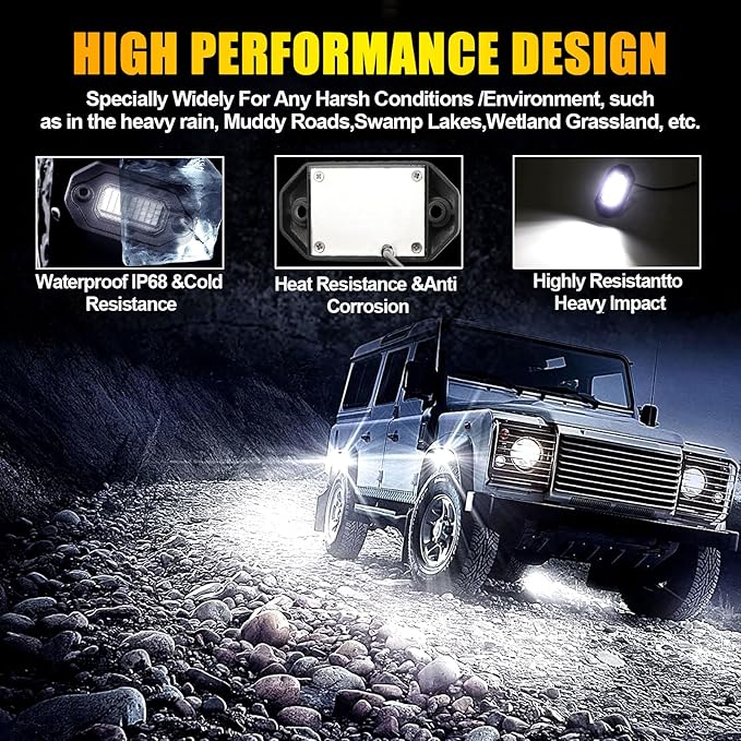 8Pods Metal Bright Pure White LED Rock Lights Kit,Per pod provided 15FT Power Cord,6500K 36LEDs Neon Underglow Light Aluminum Waterproof Fender Lights for Trucks Trailer Jeep Off Road ATV UTV