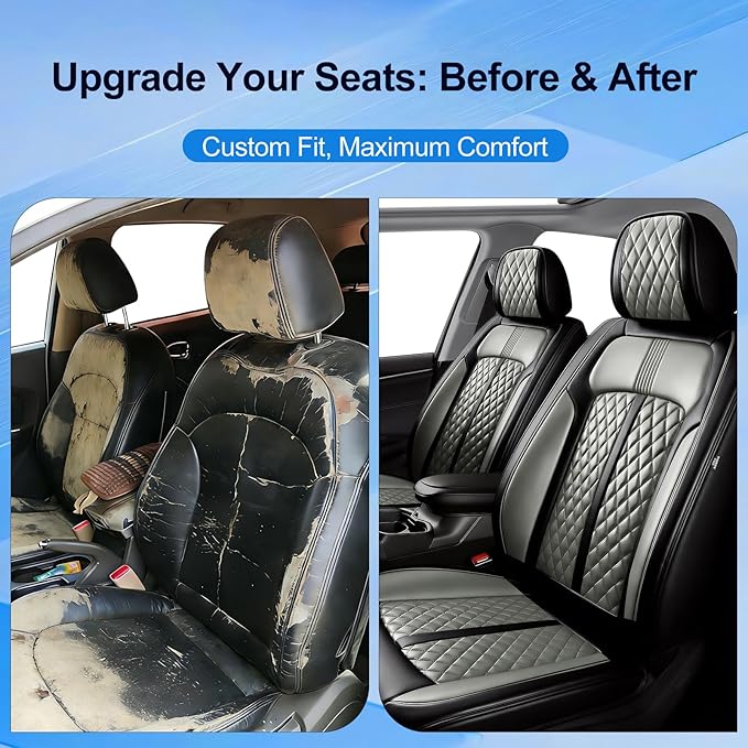 Fit Mazda 6 Car Seat Covers for Select Mazda 6 2007-2021 - Premium Full Coverage Leather, Airbag Compatible, Luxury Waterproof All Weather Seat Cushion Protector, Full Set, Black+Gray