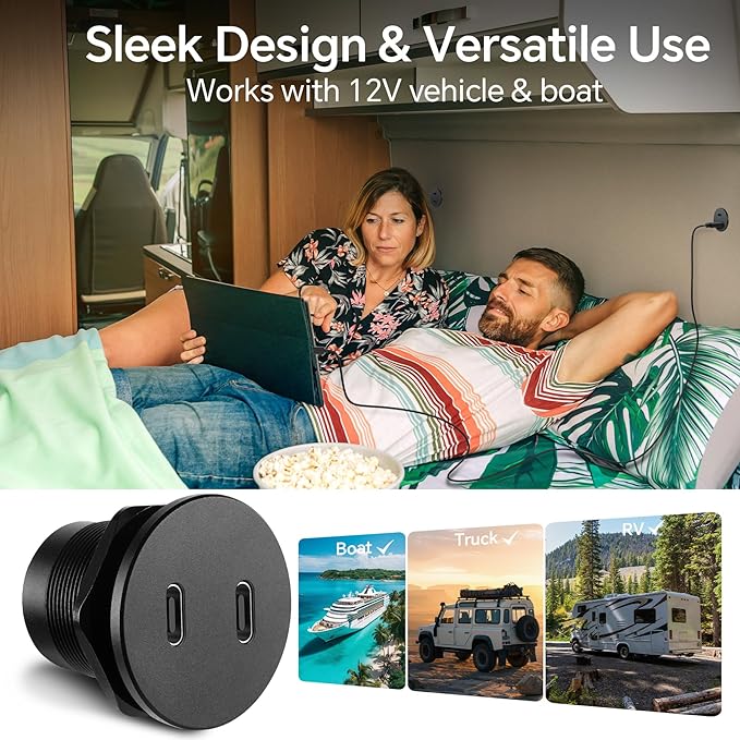 50W 12V USB Outlet Dual 25W USB-C Charger PD 3.0 Aluminum Fast Charging Socket, Replacement Car Charger Accessories for RV Camper Trailer Truck Boat Golf (2Pcs)
