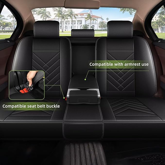 AOMSAZTO Car Seat Cover Fit for Hyundai Kona 2018-2025 2026, Full Set 5 Seats Leather Seat Protector Compatible Airbag Waterproof Automotive Seat Covers Black