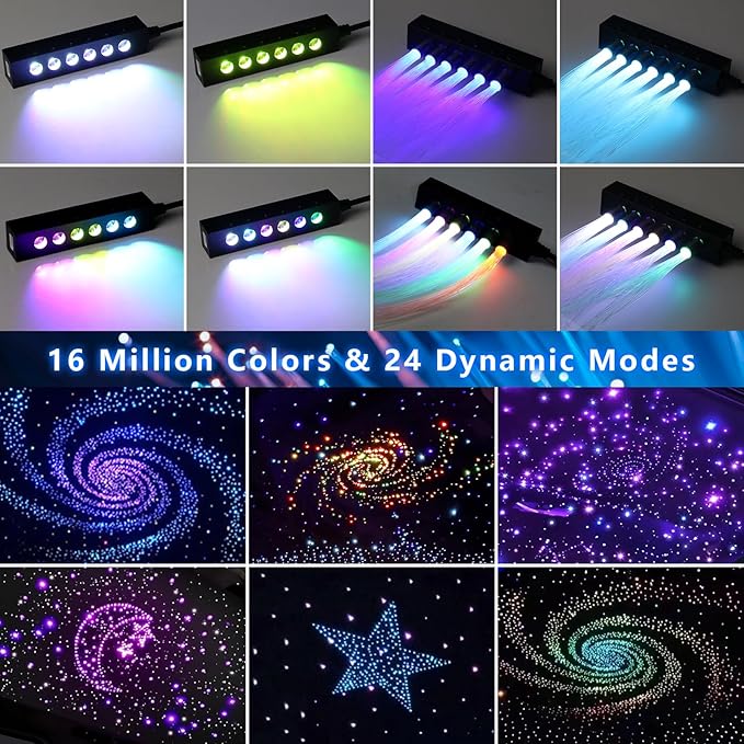 WEBUPAR 2PCS 3.2W 6LEDs Meteor Starlight Headliner Kit, 600pcs 0.01in 6.56ft, RGBW Shooting Stars Fiber Optic Lights with Bluetooth APP Control for Car/Home Theater