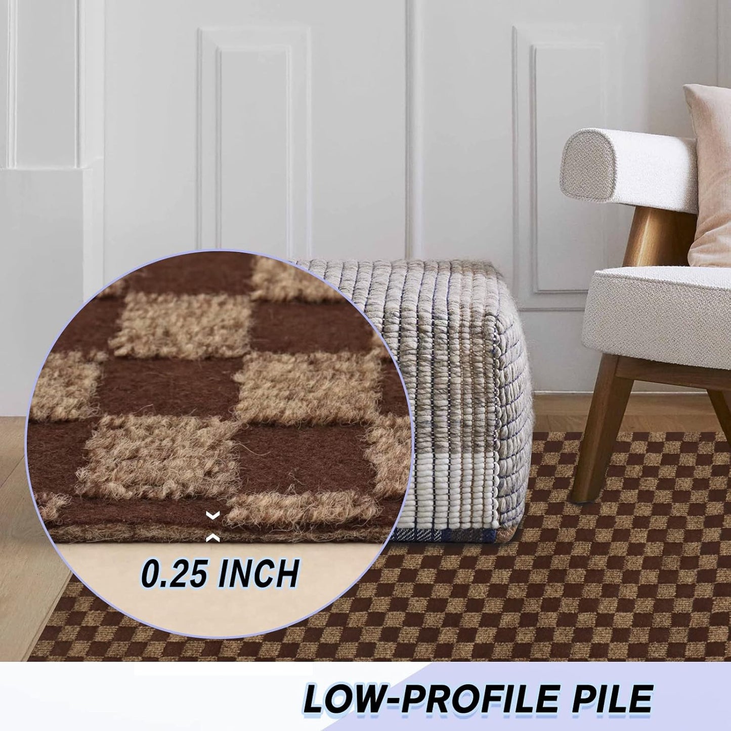 Custom Size Backed Non-Slip Area Rugs Runner, Easy Clean, Waterproof Runner Rugs for Hallway Entryway, Kitchen, Laundry, 3FT x 35FT, Brown Checkered