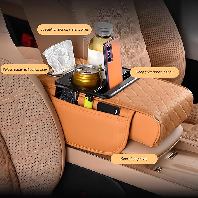 Zpana Car Center Console Armrest Pillow, Memory Foam Leather 4 in 1 Vehicle Arm Rest Cover with Tissue Box 2 Side Storage Bag Cup & Phone Holder, Auto Armrest Cushion, Universal Fit (Orange)