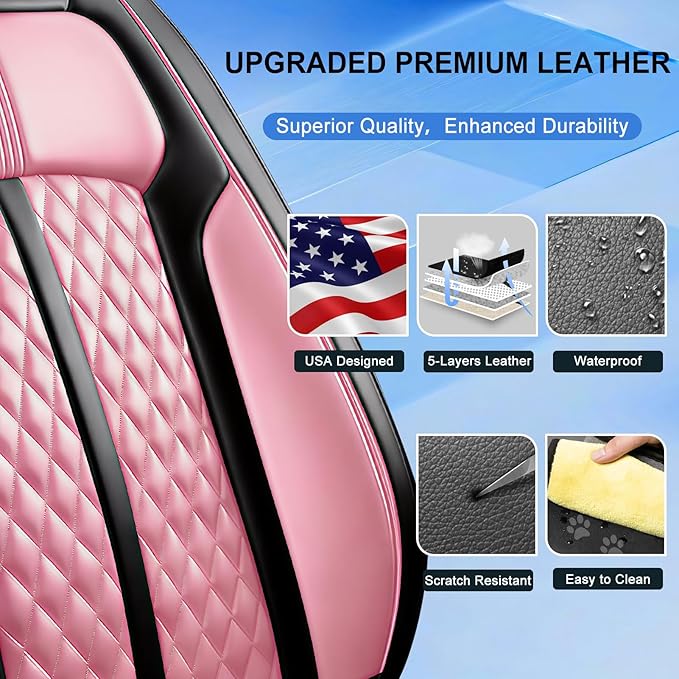 Fit Impala Car Seat Covers for Chevrolet/Chevy Impala 2000-2020, Premium Full Coverage Leather, Airbag Compatible, Waterproof All Weather Breathable Seat Protector, Front Pair Black+Pink
