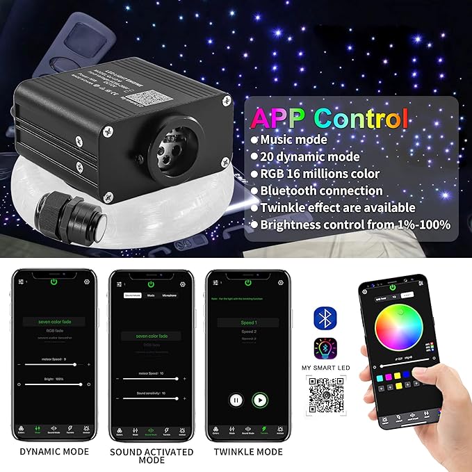 ATOKEE Starlight Headliner Kit Mixed 500pcs 9.8ft/3m, 16W Twinkle + Sound Activated Small Size Fiber Optic Star Lights for Car Roof Use with Bluetooth APP/Remote Control