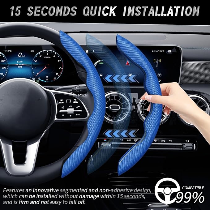 WOCOCN 2pcs Car Steering Wheel Cover,Anti-Skid Carbon Fiber Steering Wheel Protector for Men Women,Multiple Color Options,Universal for Most Car Interiors Accessories (Bule)