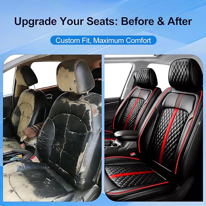 Fit Sonic Car Seat Covers for Select Chevrolet/Chevy Sonic 2012-2020 - Premium Full Coverage Leather, Airbag Compatible, Waterproof & All Weather Seat Cushion Protector, Full Set, Red Trim