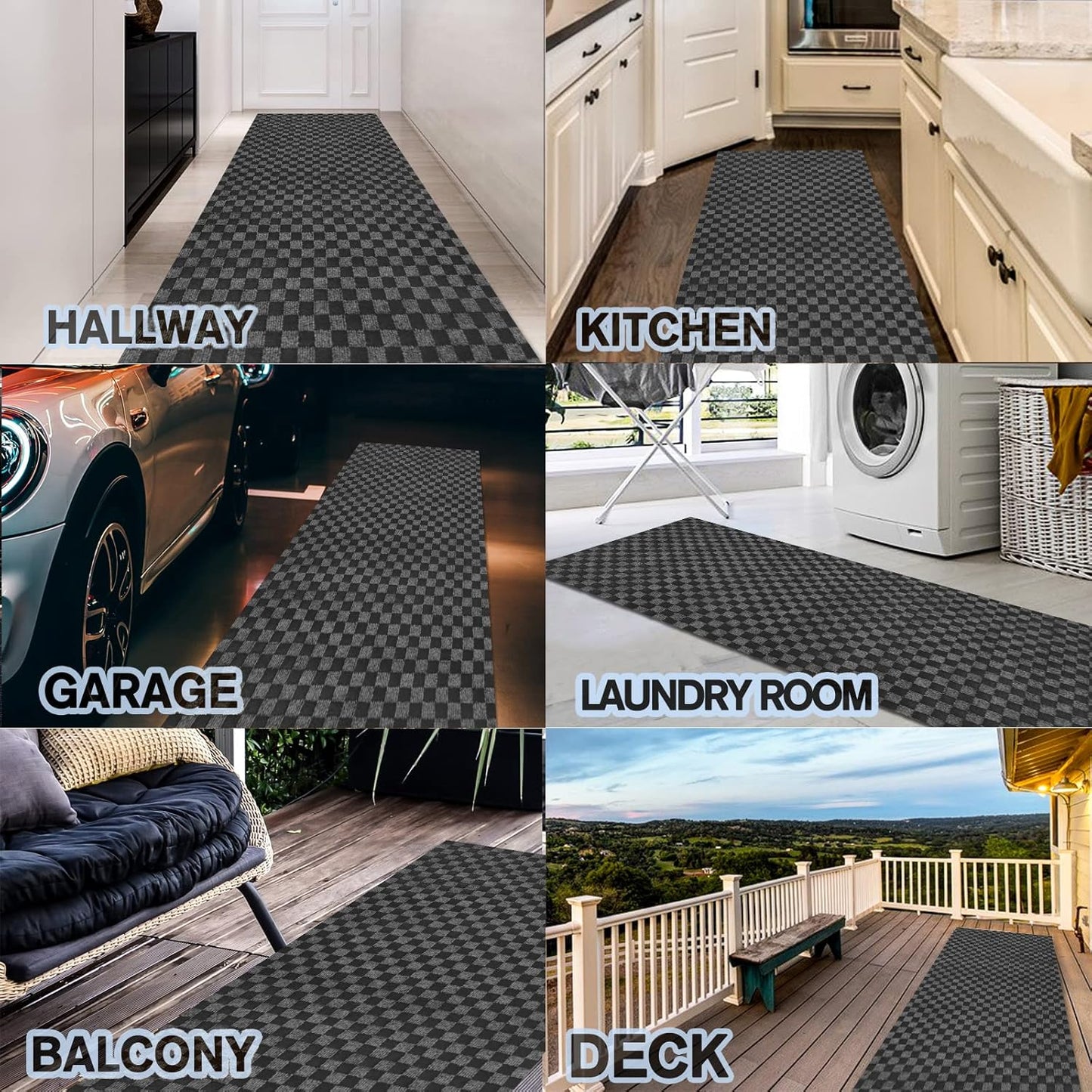 Custom Size Backed Non-Slip Area Rugs Runner, Easy Clean, Waterproof Runner Rugs for Hallway Entryway, Kitchen, Laundry, 2FT x 43FT, Gray Checkered