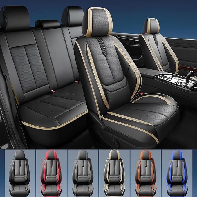 Fit Yaris Car Seat Covers for Toyota Yaris 2008-2018 2019 2020-Upgraded Premium Waterproof & Breathable Leather,Airbag Compatible,All-Weather Seat Cushion Protector,2 Front/Black-Beige