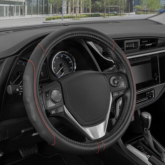 Motor Trend GripDrive Faux Black Leather Steering Wheel Cover for Car Truck Van SUV, Small 14 inch Size, Red Accent Stitched Car Steering Wheel Cover Vehicle & Auto Accessories