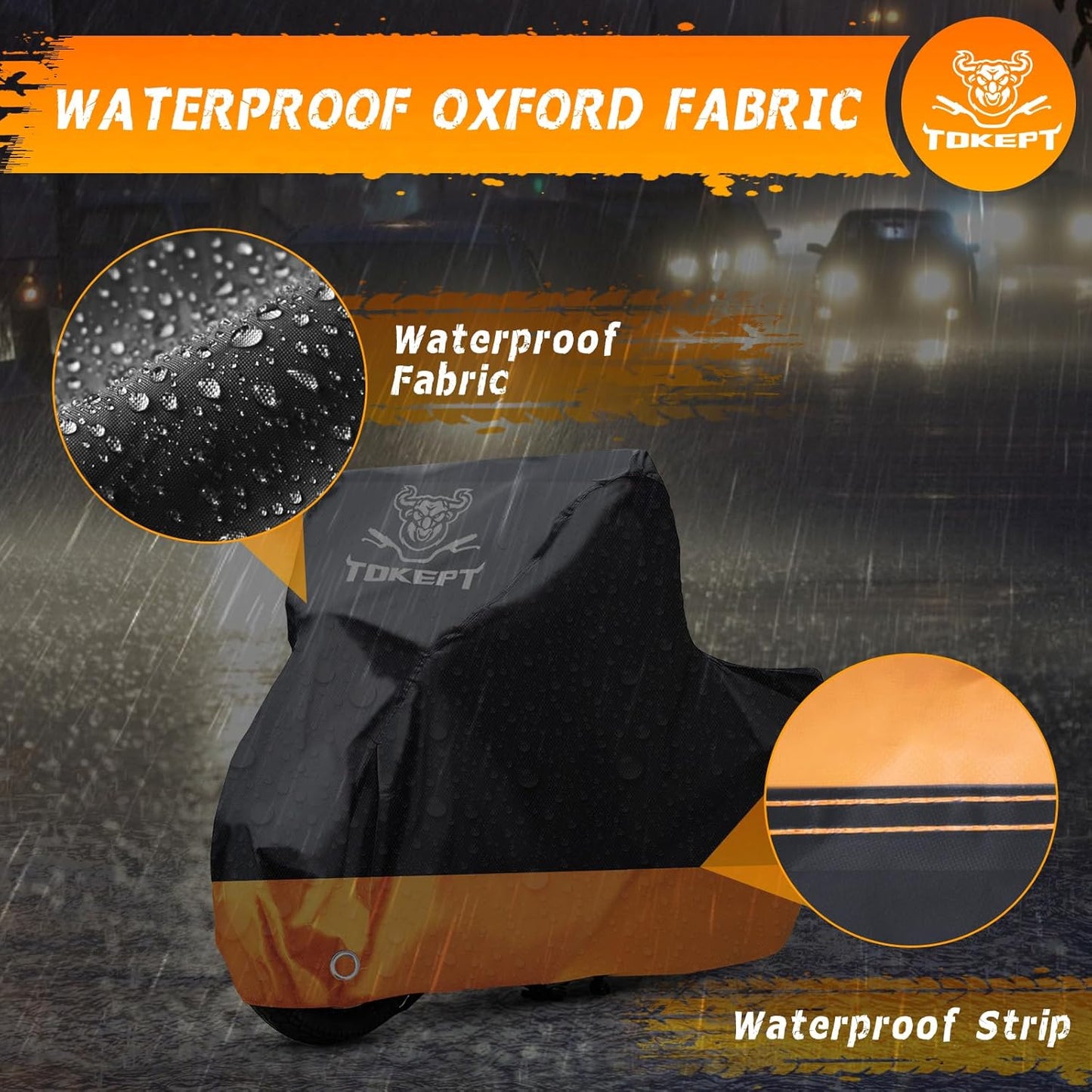 Motorcycle Cover, All-Season Waterproof Outdoor Sun Protection Fit up to 116 Inch Harley-Davidson Honda Suzuki Kawasaki Yamaha (XXXL Black&Orange)