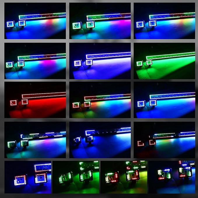 52" RGB LED Light Bar 2Pcs 4" Flood LED Pods with Multi-Color Chasing RGB Halo 16 Solid Colors Over 92 Flashing Modes Offroad Lights Driving Lamp Fog Lights with Switch Wiring Harness