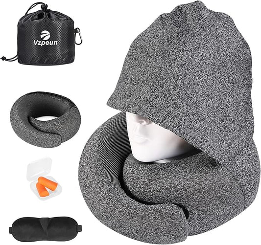 Travel Pillow - Hooded Neck Pillow Airplane Memory Foam Filling for Plane, Office, Cars Sleeping, Road Trip, Long Flights, Airplane Travel Essentials, Includes Eye Mask & Earplugs (Dark Gray)