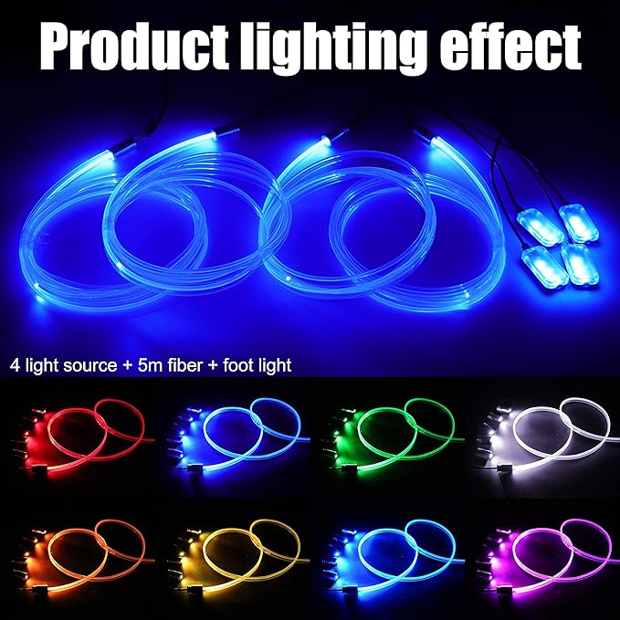 Car Interior Strip Lights, 4 in 1 Multicolor RGB Car Footwell Ambient Lighting Kit, 5m Fiber Optic EL Neon Tube Light, DIY Mode Music Sync RF Remote Control + APP Control DC 12V