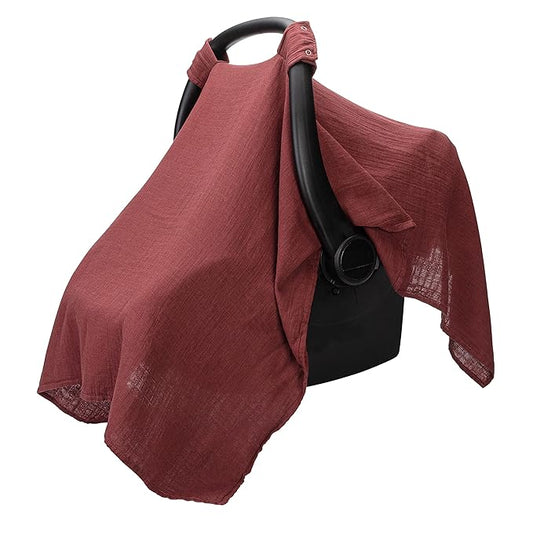Comfy Cubs Baby Car Seat Cover - Soft, Breathable Bamboo Rayon and Muslin Cotton Blend - Lightweight Canopy for Sun, Bug, and Comfort Protection - Large Size Infant Seat Cover in Wine Design