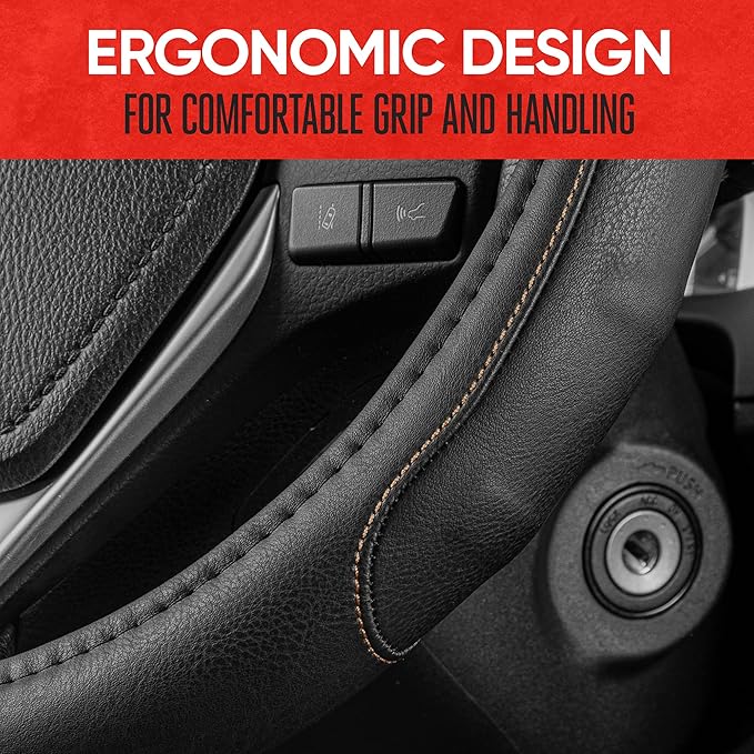 Motor Trend GripDrive Faux Black Leather Steering Wheel Cover for Car Truck Van SUV, Small 14 inch Size, Beige Accent Stitched Car Steering Wheel Cover Vehicle & Auto Accessories