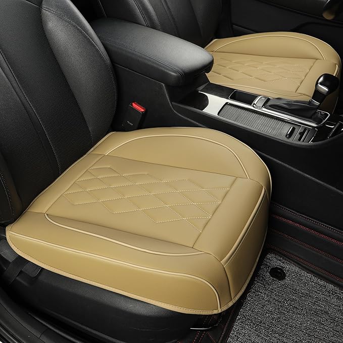 JOJOBAY 2pack Leather Car Seat Cover,Bottom Seat Covers for Cars,Front Seat Protector,Fit for 95% of Vehicles - Padded,Anti-Slip,Premium Leather(2 PCS,Beige)