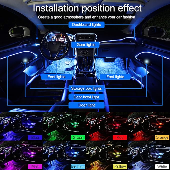 64 Colors Car Ambient Lighting Fiber Optic APP Control Multicoloured Music Car Atmosphere Decorative Lighting Kit 1W DC 12V-24V 8m