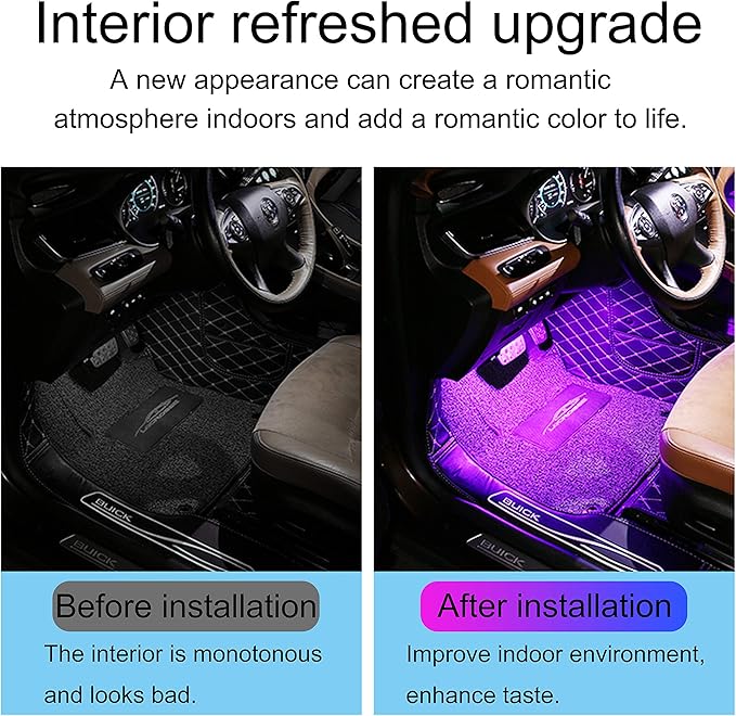 Car Interior Ambient Lighting RGB 64 Colors Multicoloured Music Car Footwell Lighting Kit with Cigarette Lighter and App Microphone, 12V-24V