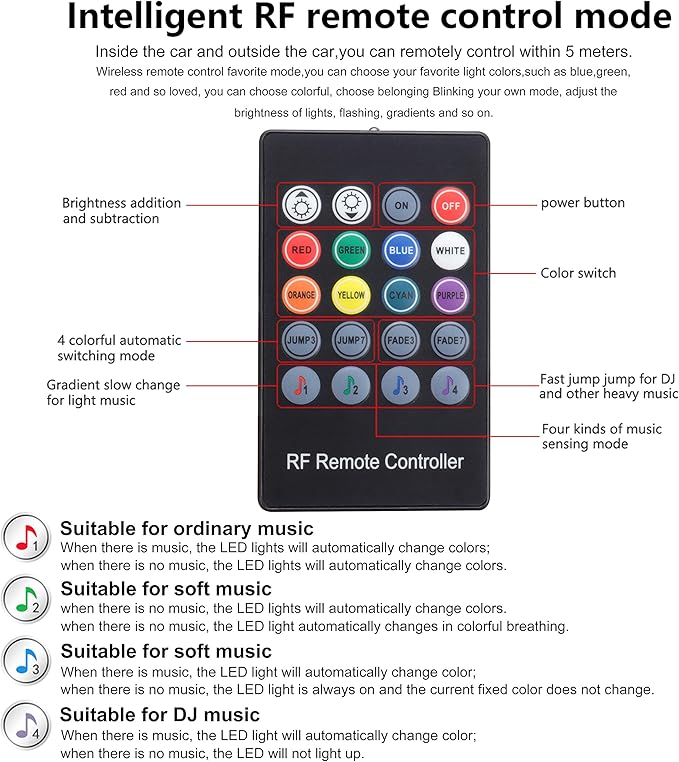 Car Atmosphere Light Kit 8m Fiber Optic RGB Multicolor Sound Active Music Sync Memory Function RF Remote Controller USB Car Interior Ambient Lighting Kit DC 12V