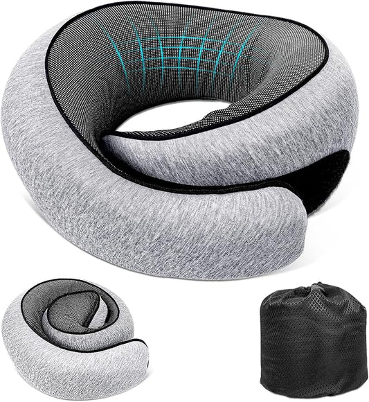 Travel Neck Pillow for Airplanes, Memory Foam with Chin Support, Ergonomic 360 Degree Cervical Support for Plane/Car/Train/Office (Light Grey)