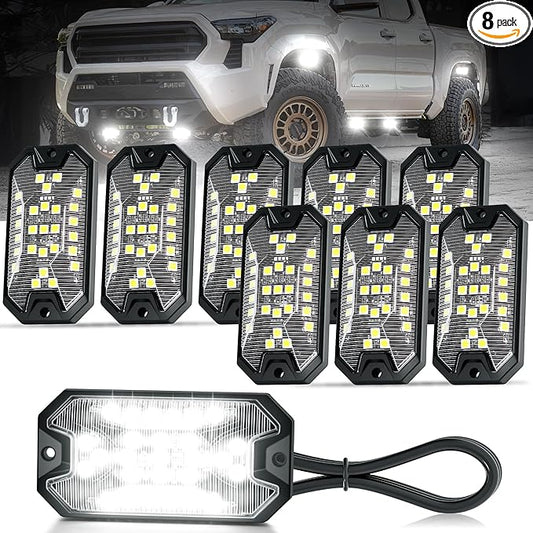8 Pods Pure White Rock Lights, 6000K Pure White 27 LEDs Super Bright LED Underglow Neon Light, 10m Extension Wire, IP68 Waterproof for Trucks Pickup SUV UTV ATV RZR Car Boats