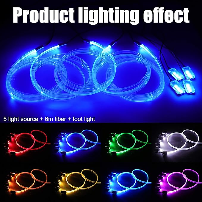 Car Interior Strip Lights, 5 in 1 Multicolor RGB Car Footwell Ambient Lighting Kit, 6m Fiber Optic EL Neon Tube Light, DIY Mode Music Sync RF Remote Control + APP Control DC 12V