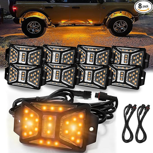 8 Pods Amber Rock Lights with 2 Pack Extension Wires,Waterproof Rock Lights Compatible with Trucks Jeep UTV SUV ATV Boat Golf Cart, High Bright Underglow Car Kits,Two-Path Led Rock Light(Patented)