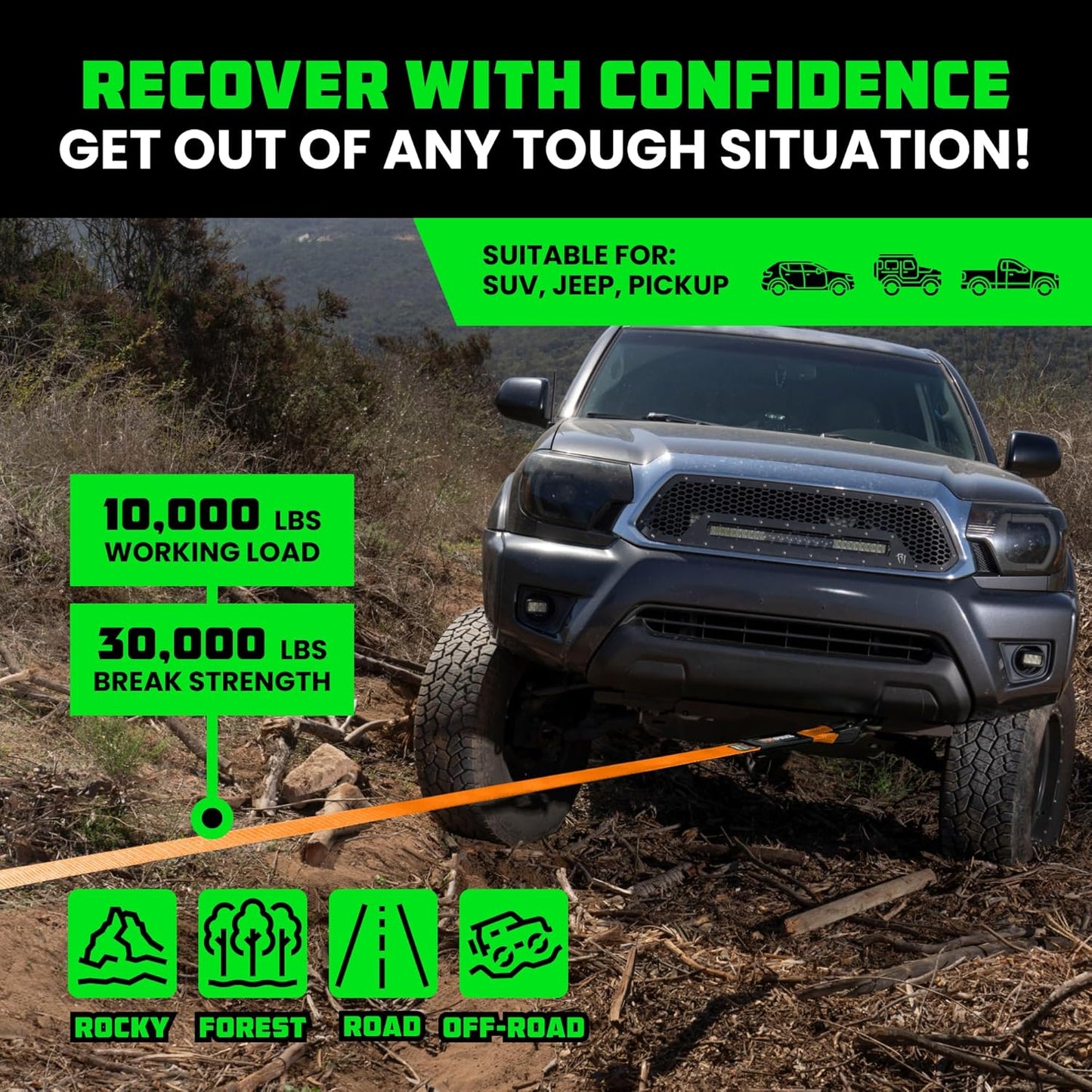 Rhino USA Recovery Tow Strap (3"x20')- 31,518lb Break Strength- Emergency Recovery Strap Tow Rope for Truck, UTV, ATV & More- Heavy Duty Towing Strap for Offroad 4x4 Use- Compatible with Jeep (Orange)