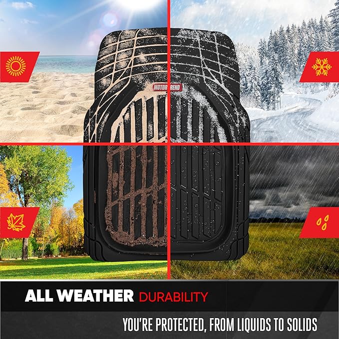 Motor Trend FlexTough Contour Liners Deep Dish 3 pc Rubber Floor Mats & Trimmable Trunk Liner Cargo Mat - Heavy Duty All Weather Protection Car Mats with Traction Grips Car Accessories (Black)