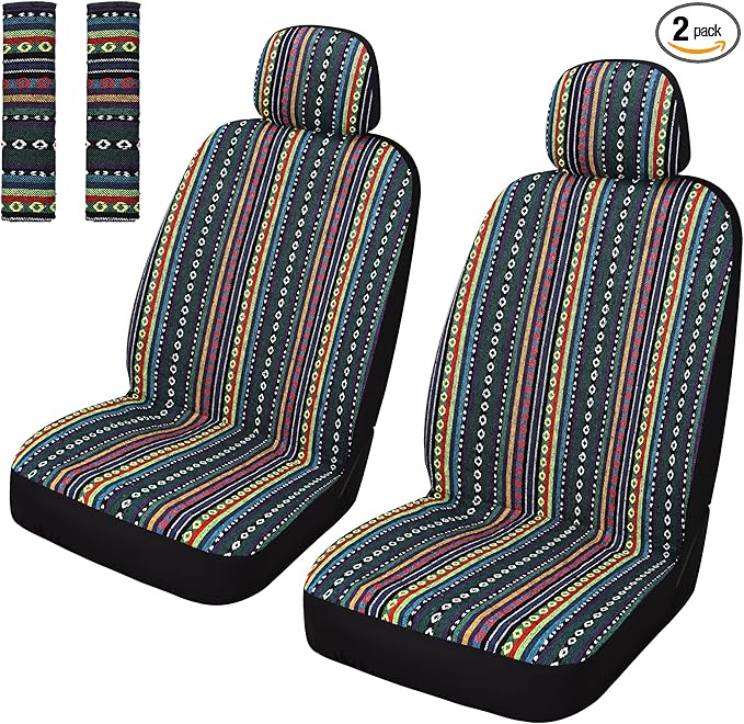 Pariitadin Baja Saddle Blanket Car Seat Covers Front Set with Seat Belt Pads, Washable Breathable Striped Woven Cloth Seat Covers for Cars, Universal Fit Most Cars, Airbag Compatible, Red/Blue