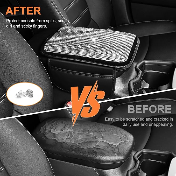 Bling Car Center Console Cover Custom Fit for Jeep Cherokee Compass Gladiator Liberty Patriot Renegade Wrangler - Leather Armrest Cover with 2 Storage Pockets and Crystal Rhinestones(Black)